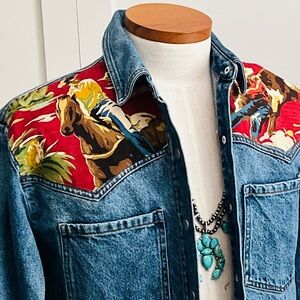 Western Denim Shacket with Vintage Cowboy Barkcloth design